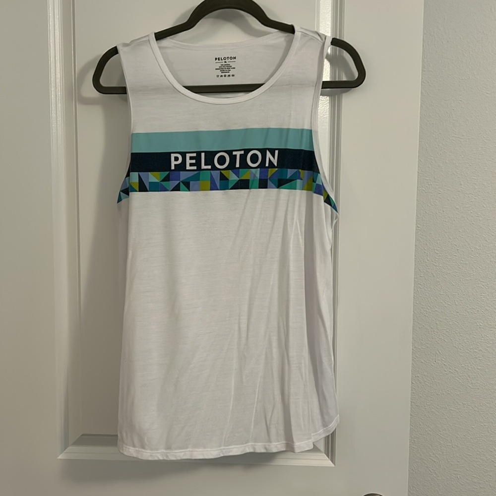 Peloton White and Blue Sleeveless Muscle Tee